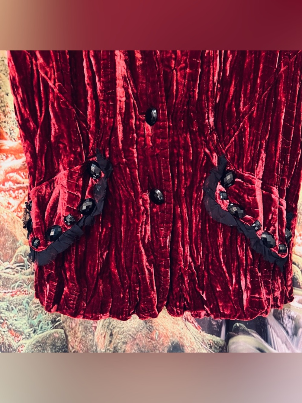 Y2K Alberto Malaki Burgundy Red Crushed Velvet Embellished Blazer boho XS - Picture 4 of 8